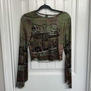 Sage Green Rhinestone Long Sleeve Tee